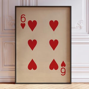 Six Of Hearts-posterprint, vintage speelkaarten kunstprint, rode kaartspel print, Six-muurkunst | GEDRUKT