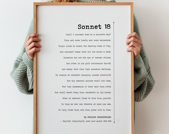 Sonnet 18 Poem Print - William Shakespeare Romantic Poetry Wall Art – Shall I Compare Thee to a Summer’s Day, Wedding Gift Poster