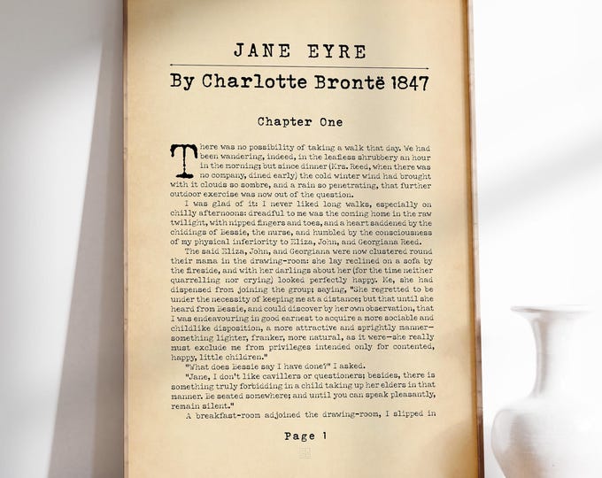 Jane Eyre Book Print Bookish Gifts Charlotte Bronte Novel Poster Home Decor Recreated First Page Literary Art Gift | Printed Framing Options