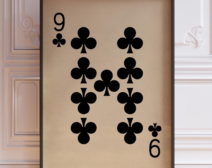Nine Of Clubs Poster Print, Vintage Playing Cards Wall Art Print, Black Card Deck Print, Number 9 Wall Decor | PRINTED