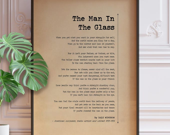 The Man In The Glass Poster Print - Dale Wimbrow Poem, Antique Paper Style Minimalist Poetry, Framed or Unframed Gift