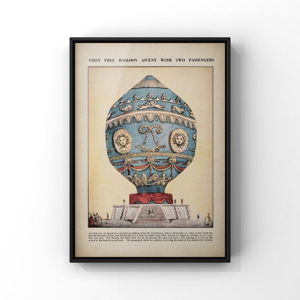 Blue Victorian Hot Air Balloon Print, First Air Balloon Ascent with Two Passengers, PRINTED Poster Print