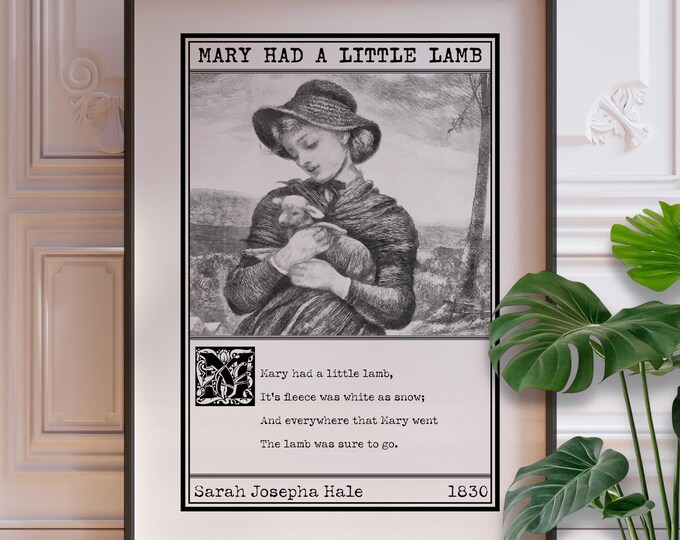 Mary Had A Little Lamb Print - Nursery Rhyme Poem, Vintage Little Girls Bedroom Decor
