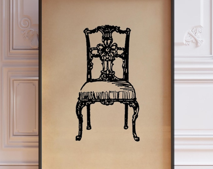 Vintage Carved Back Chair Print – Antique-Style Ornate Illustration, Classic Home Wall Art, Chippendale Decor, Framed or Unframed