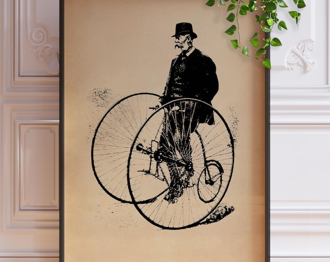 Victorian Gentleman and Penny Farthing Print – Antique Bicycle Wall Art, Vintage Cycling Illustration, Framed or Unframed