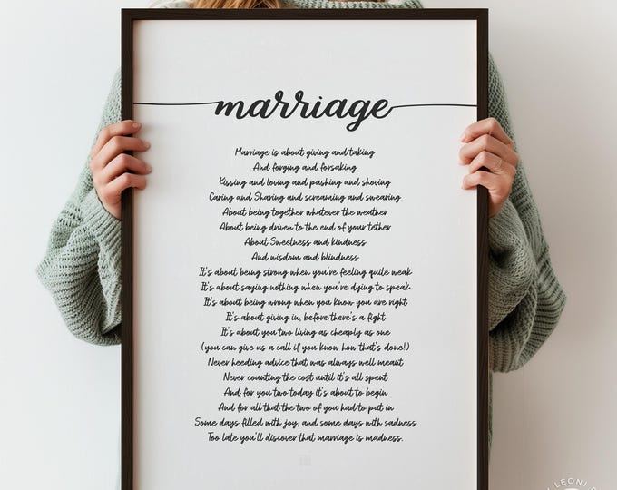 Marriage Poem Print - Funny Wedding Poem Gift, Script Font Vows Art, Framed or Unframed