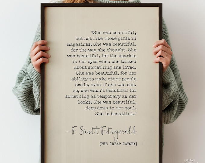 She Was Beautiful Quote Poster Print by F Scott Fitzgerald | Gift for Girlfriend | Anniversary Gift | Literary Quote Print | PRINTED