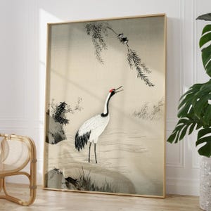 Japanse kraanvogel houtsnede print - Vintage Japandi Zen muurdecoratie, Oosterse decoratie afbeelding 3