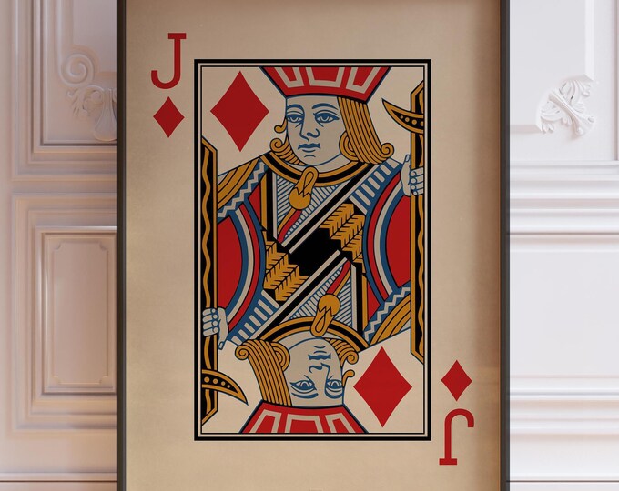 Vintage Jack of Diamonds Card Poster Print - Red Playing Card Wall Art, Boyfriend Gift