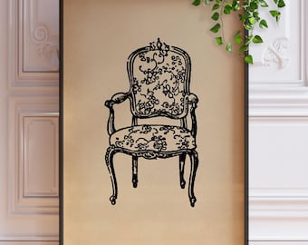 Vintage Balloon Back Chair Print – Antique-Style Floral Illustration, Elegant Home Wall Art, Framed or Unframed