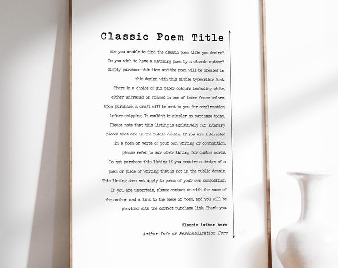Personalised Classic Poem Title Print - Public Domain Poetry Gift, Printed, Framed or Unframed Poster
