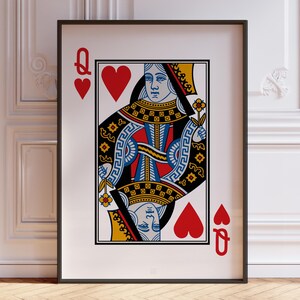 Queen Of Hearts Playing Cards Wall Art Print, Red Queen Heart Card Deck Poster Print, Living Room Wall Decor | PRINTED