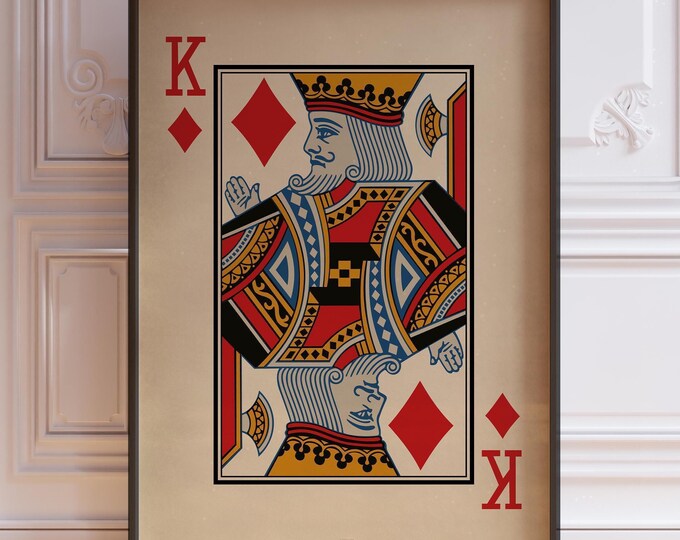 King Of Diamonds Poster Print, King Wall Decor, Vintage Playing Cards Wall Art Print, Red Card Deck Print | PRINTED