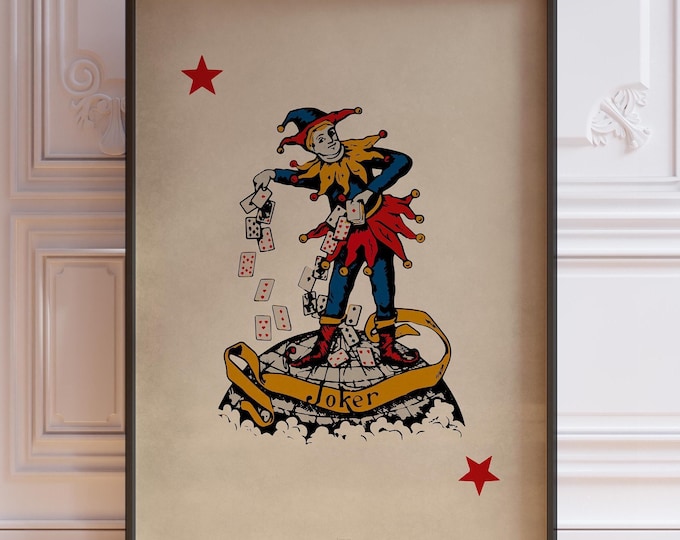 Joker Playing Card Poster Print – Vintage Joker Card Wall Art for Game Room, Gift or Decor, Jester or Wild Cart Art, Framed or Unframed