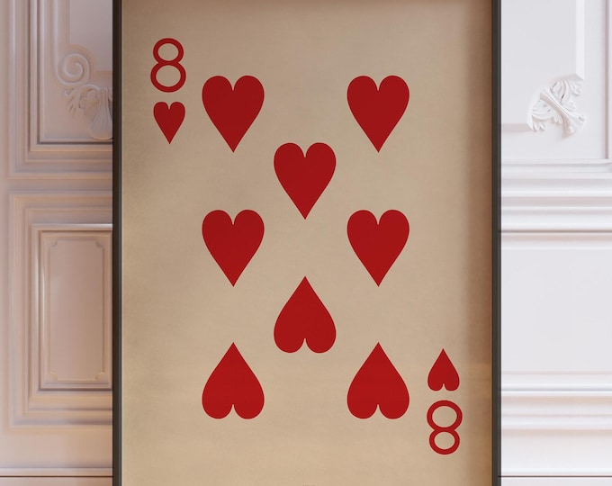 Eight Of Hearts Poster Print, Vintage Playing Cards Wall Art Print, Red Card Deck Print, Number 8 Wall Decor | PRINTED