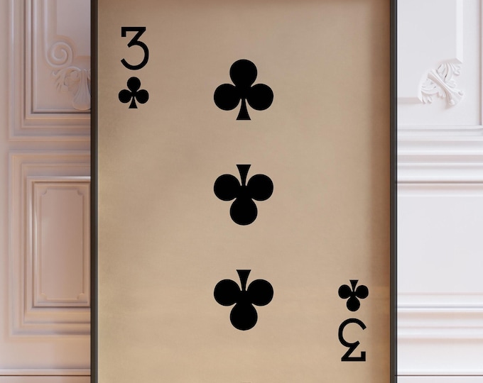 Three Of Clubs Poster Print, Vintage Playing Cards Wall Art Print, Black Card Deck Print, Number 3 Wall Decor | PRINTED