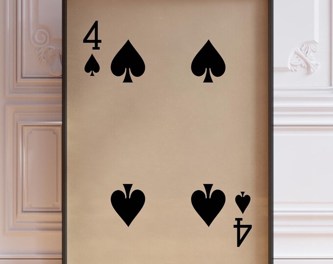 Four Of Spades Poster Print, Vintage Playing Cards Wall Art Print Black Card Deck Print, Four Wall Decor | PRINTED