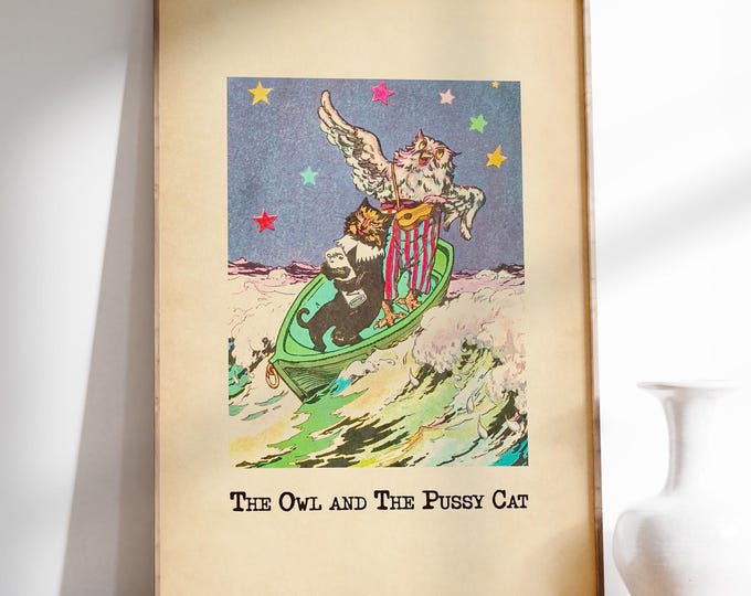 Owl and The Pussycat Nursery Print - Colourful Vintage Book Page Art, Framed or Unframed