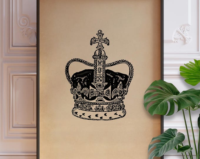 Vintage Royal Crown Line Art Print – Antique-Inspired Regal Wall Decor, Minimalist Elegant Illustration, Framed or Unframed