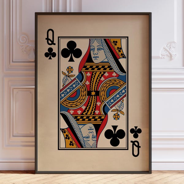 Queen Of Clubs Poster Print, Queen Wall Decor, Vintage Playing Cards Wall Art Print, Card Deck Decor | PRINTED