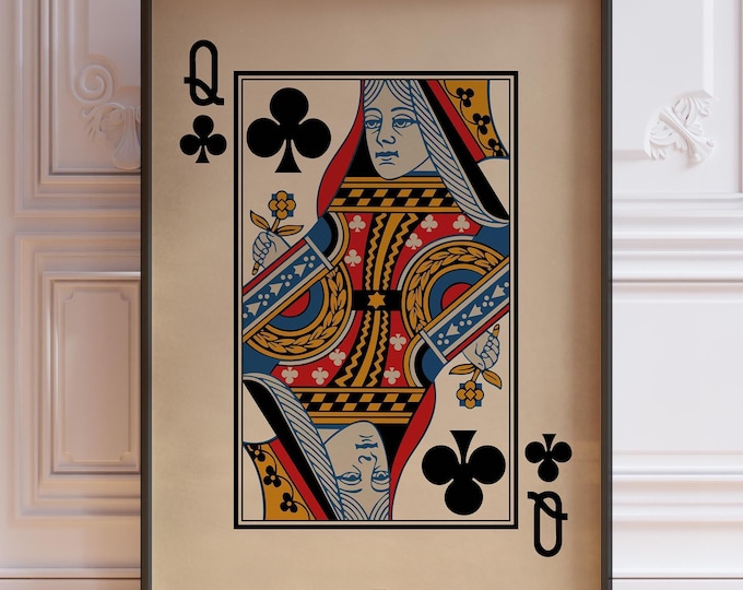 Queen Of Clubs Poster Print, Queen Wall Decor, Vintage Playing Cards Wall Art Print, Card Deck Decor | PRINTED