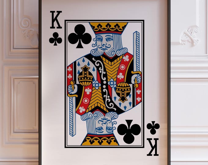 King Of Clubs Poker Hand Poster, Black Playing Cards Wall Art Print, Card Deck Print, King Wall Decor | PRINTED