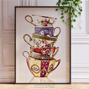 Impression colorée de peinture à l'aquarelle de tasses à thé en porcelaine fine, jolie affiche d'art mural décorative pour la cuisine, cadeau pour maman buveuse de thé