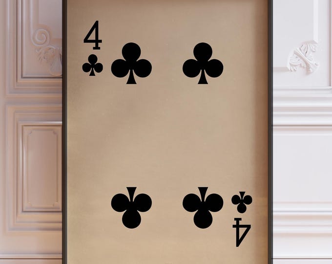 Four Of Clubs Poster Print, Vintage Playing Cards Wall Art Print, Black Card Deck Print, Four Clubs Wall Decor | PRINTED