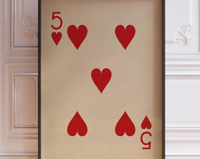 Five Of Hearts Poster Print, Vintage Playing Cards Wall Art Print, Red Card Deck Print, Five Heart Wall Decor | PRINTED