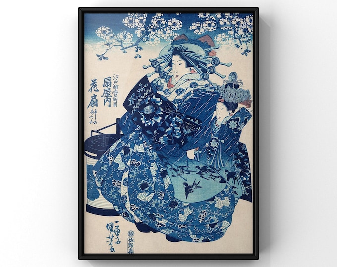 Blue Japandi Print- Japanese Courtesan Poster, Oriental Wall Art Decor