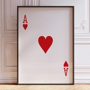 Harten aas speelkaarten muurkunst print, rode aas harten kaartspel print, aas muur decor, slaapkamer muur kunst | GEDRUKT