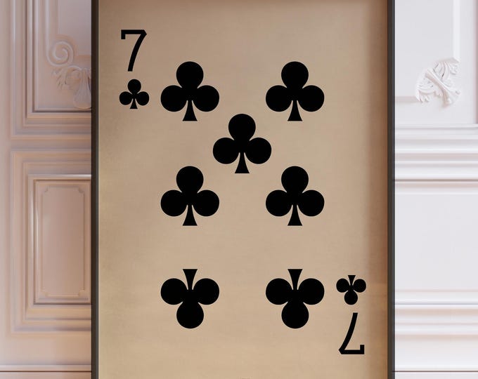 Seven Of Clubs Poster Print, Vintage Playing Cards Wall Art Print, Black Card Deck Print, Lucky Number 7 Wall Decor | PRINTED