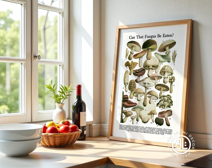 Vintage Mushroom Identification Chart - Botanical Fungi Print, Cottagecore Wall Art