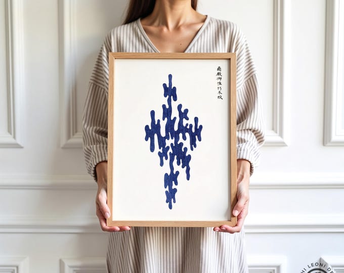 Indigo Abstract Geometric Print - Japandi Woodblock Style Wall Art, Taguchi Tomoki inspired Poster