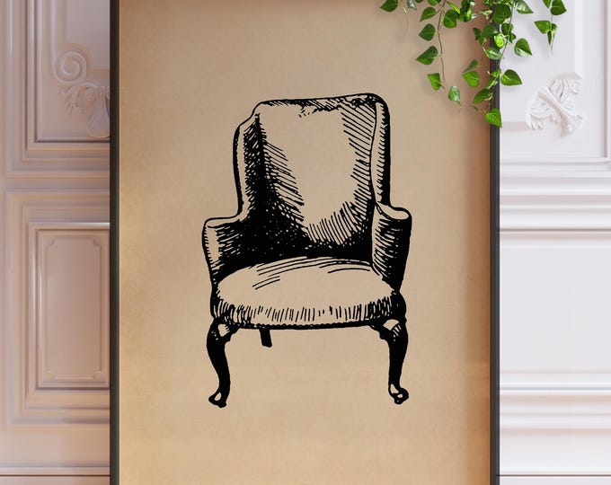 Antique Chair Print - Minimalist Vintage Illustration, Framed or Unframed