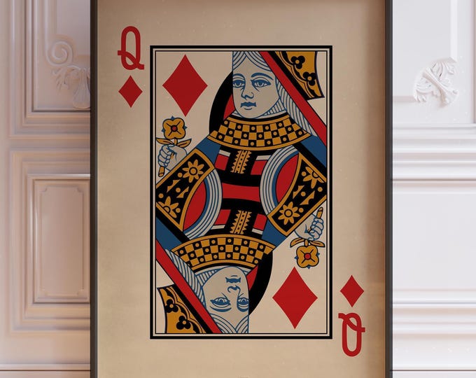 Queen Of Diamonds Poster Print, Vintage Playing Cards Wall Art Print, Queen Wall Decor, Red Queen Card Deck Print | PRINTED