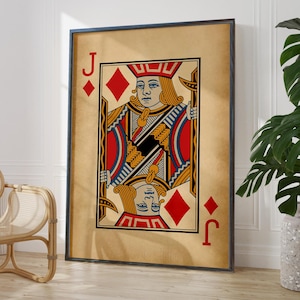 Póster de naipes rústicos con imagen roja, arte de pared antiguo con jota de diamantes, decoración para habitación / OPCIONES DE MARCO IMPRESO