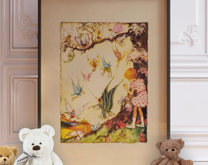 Vintage Fairies Nursery Wall Art - Fairy Woodland Creatures Print, Framed or Unframed Print