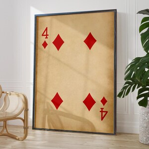 Antieke kunst aan de muur met vier diamanten | Rustieke poster muurdecoratie speelkaarten | Significant nummer 4 cadeau | Muurhanger diamanten | GEDRUKT