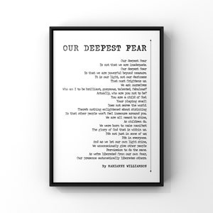 Our Deepest Fear Poem by Marianne Williamson Poster Print | Simple Black and White Poetry Wall Art | Minimalist Poetry | PRINTED