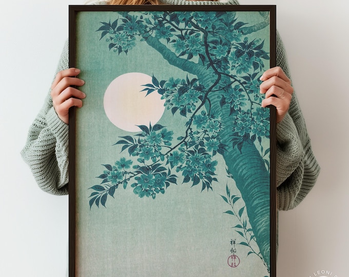 Teal Green Japandi Wall Art - Ohara Koson Moon & Blossom Print