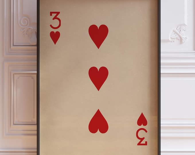 Three Of Hearts Poster Print - Vintage Playing Cards Wall Art Print, Red Card Deck Print, Number Three Wall Decor | PRINTED