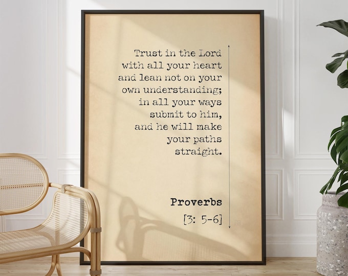 Trust in the Lord Bible Verse Print – Proverbs 3:5-6 Scripture Poster, Vintage Christian Wall Art, Rustic Faith Gift, Framed or Unframed