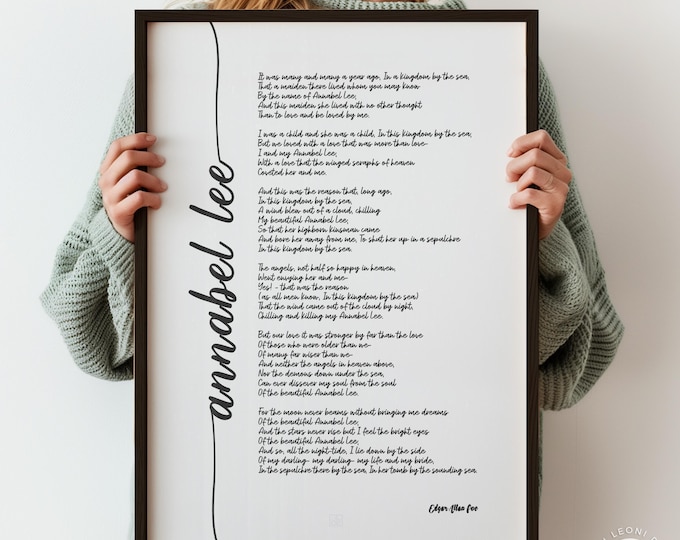 Edgar Allan Poe Annabel Lee Poem Print - Black Script Font Version,  Framed or Unframed