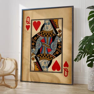 Antieke koningin harten print muur kunst leeftijd rustiek esthetische koningin speelkaarten poster cadeau voor haar | OPTIES GEDRUKT FRAME