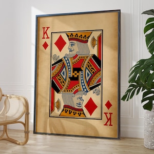 Roi de losanges antique impression photo vieillie Cartes à jouer décoration murale Roi losanges rouge affiche Idée cadeau d'art | OPTIONS DE CADRE IMPRIMÉ