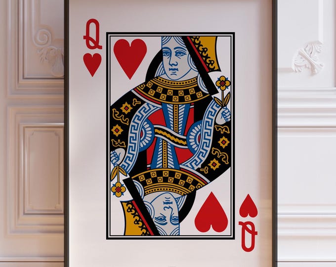 Queen Of Hearts Playing Cards Wall Art Print, Red Queen Heart Card Deck Poster Print, Living Room Wall Decor | PRINTED
