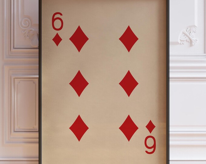Six Of Diamonds Poster Print, Vintage Playing Cards Wall Art Print, Red Card Deck Print, Number Six Wall Decor | PRINTED