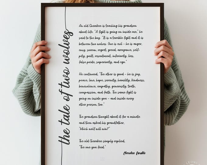 The Tale Of Two Wolves Old Indian Legend Poster Print | Ancient Native American Parable | Script Font Wall Art | PRINTED