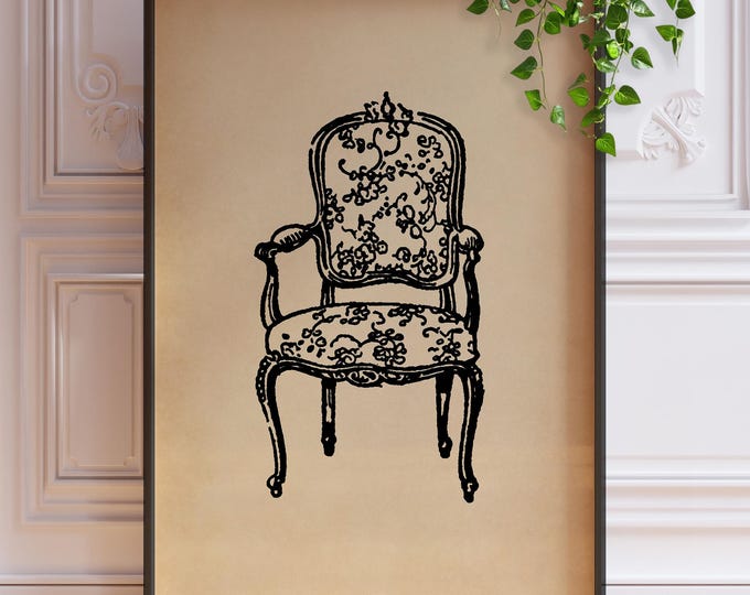Vintage Balloon Back Chair Print – Antique-Style Floral Illustration, Elegant Home Wall Art, Framed or Unframed